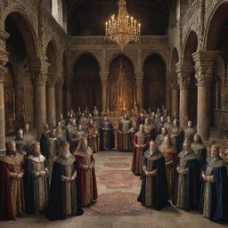 A grand and regal gathering of medieval lords in a stately court, dressed in opulent robes with intricate details, symbols of their power and influence visible.