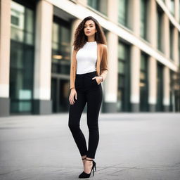 A young woman standing confidently in a stylish outfit