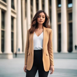 A young woman standing confidently in a stylish outfit