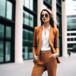 A young woman standing confidently in a stylish outfit