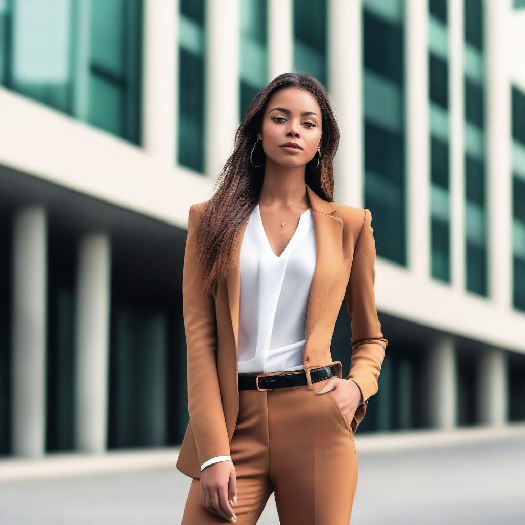 A young woman standing confidently in a stylish outfit