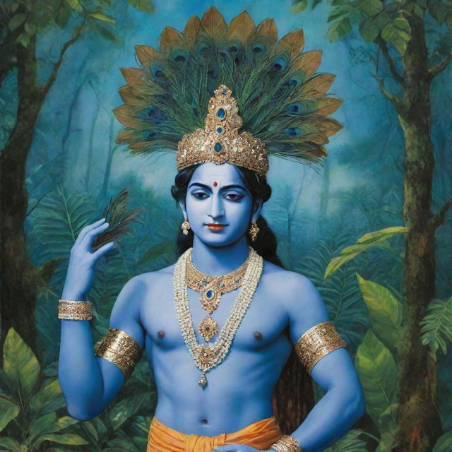 Lord Krishna adorned with a peacock feather hat, standing in a lush blue jungle with the Sudarshana chakra in his hand.