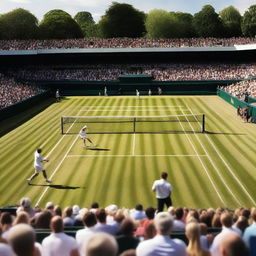 A vibrant and dynamic scene of a Wimbledon tennis match, featuring players in action, a lush green grass court, and a lively crowd in the background