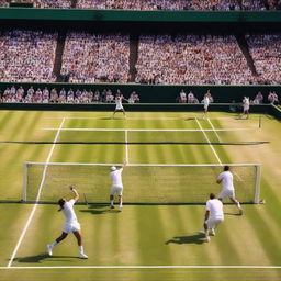 A vibrant and dynamic scene of a Wimbledon tennis match, featuring players in action, a lush green grass court, and a lively crowd in the background