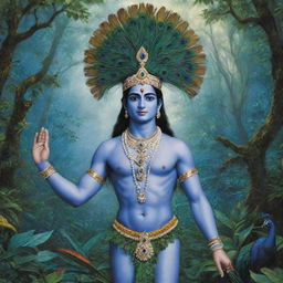 Lord Krishna adorned with a peacock feather hat, standing in a lush blue jungle with the Sudarshana chakra in his hand.