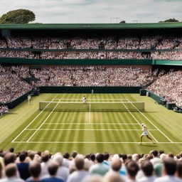 A vibrant and dynamic scene of a Wimbledon tennis match, featuring players in action, a lush green grass court, and a lively crowd in the background