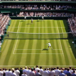 A vibrant and dynamic scene of a Wimbledon tennis match, featuring players in action, a lush green grass court, and a lively crowd in the background