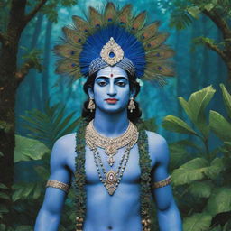 Lord Krishna adorned with a peacock feather hat, standing in a lush blue jungle with the Sudarshana chakra in his hand.