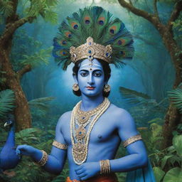 Lord Krishna adorned with a peacock feather hat, standing in a lush blue jungle with the Sudarshana chakra in his hand.