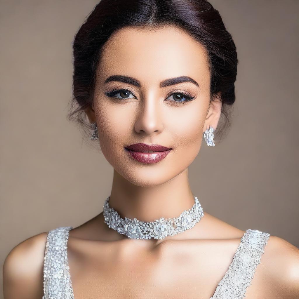 A close-up of a beautiful and elegant young woman in a stylish, form-fitting dress