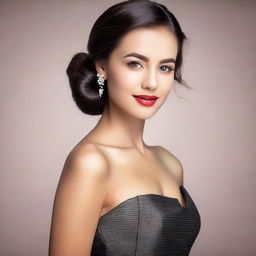 A close-up of a beautiful and elegant young woman in a stylish, form-fitting dress