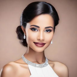 A close-up of a beautiful and elegant young woman in a stylish, form-fitting dress