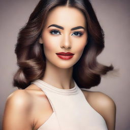 A close-up of a beautiful and elegant young woman in a stylish, form-fitting dress