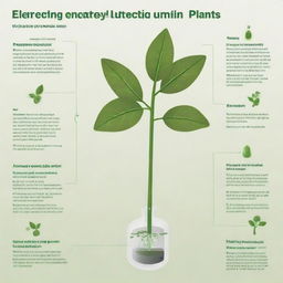 An infographic depicting the process of generating electricity using plants. It should feature a plant using photosynthesis, a device capturing plant's energy, and the conversion into electricity, with clear steps or annotations to explain the process.