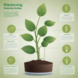 An infographic depicting the process of generating electricity using plants. It should feature a plant using photosynthesis, a device capturing plant's energy, and the conversion into electricity, with clear steps or annotations to explain the process.