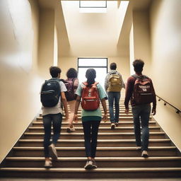 A group of students walking up a staircase symbolizing their journey towards success