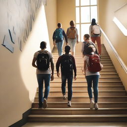 A group of students walking up a staircase symbolizing their journey towards success