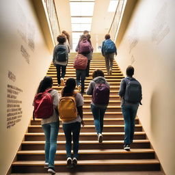 A group of students walking up a staircase symbolizing their journey towards success