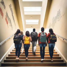 A group of students walking up a staircase symbolizing their journey towards success