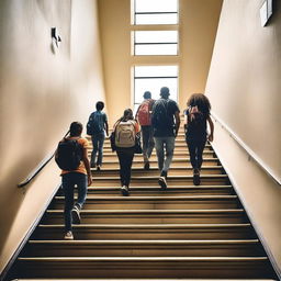 A group of students walking up a staircase symbolizing their journey towards success