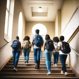 A group of students walking up a staircase symbolizing their journey towards success