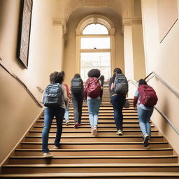 A group of students walking up a staircase symbolizing their journey towards success