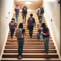 A group of students walking up a staircase symbolizing their journey towards success