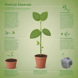 An infographic depicting the process of generating electricity using plants. It should feature a plant using photosynthesis, a device capturing plant's energy, and the conversion into electricity, with clear steps or annotations to explain the process.