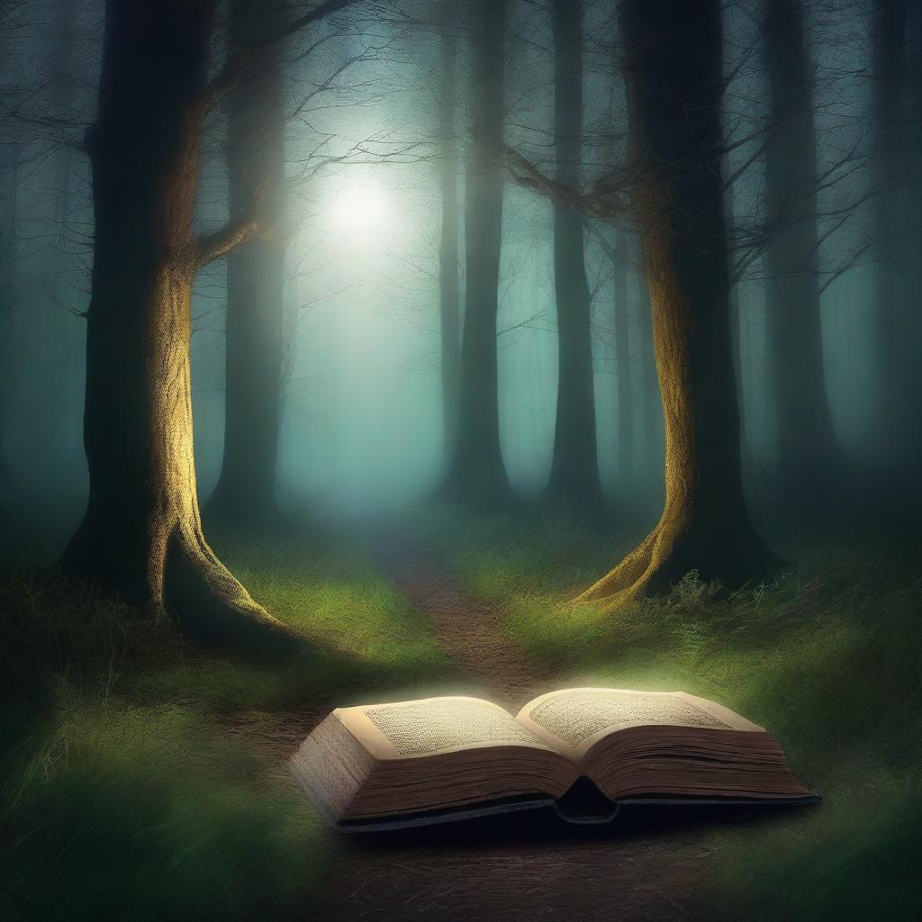 Create a book cover featuring a mysterious forest with a hidden path, illuminated by moonlight