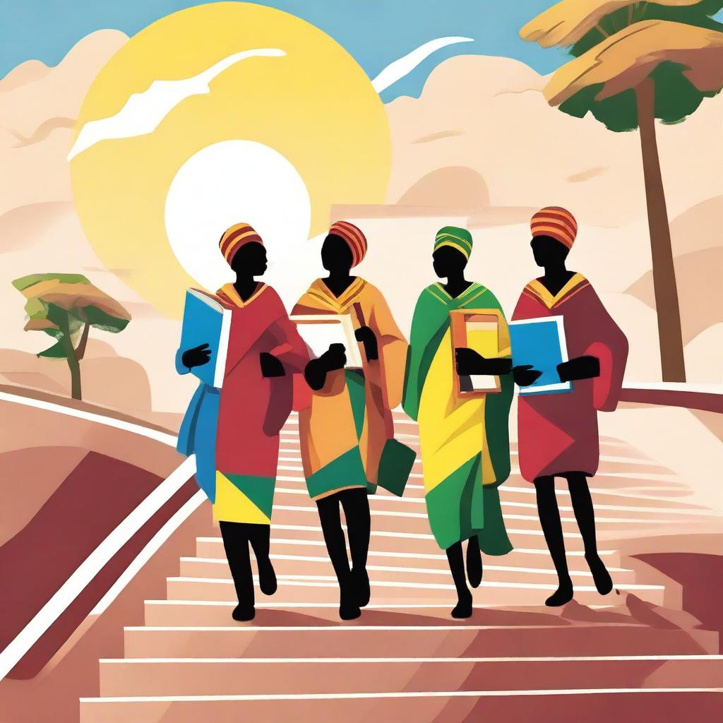 A group of African students walking up a staircase, symbolizing their journey towards success