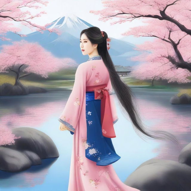 A beautiful Asian woman with long, flowing hair, wearing a traditional dress