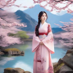 A beautiful Asian woman with long, flowing hair, wearing a traditional dress