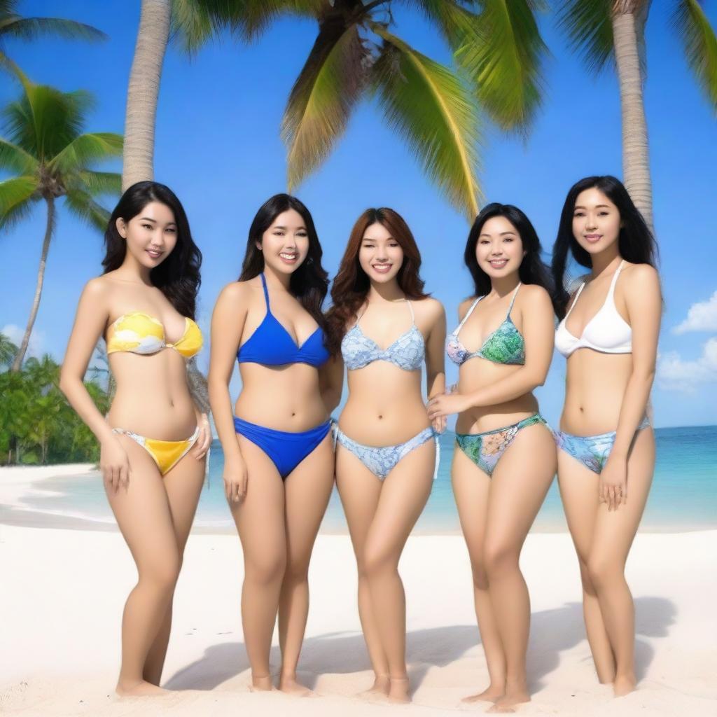 A group of real Asian women wearing bikinis, posing in a seductive style on a beach