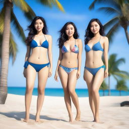 A group of real Asian women wearing bikinis, posing in a seductive style on a beach