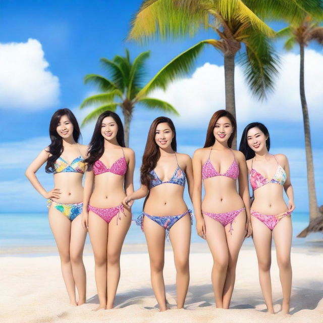 A group of real Asian women wearing bikinis, posing in a seductive style on a beach