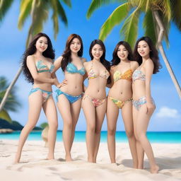 A group of real Asian women wearing bikinis, posing in a seductive style on a beach