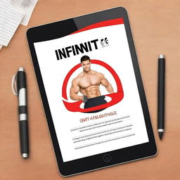 Create an ebook cover that says 'Infinity Fitness, Gym and Diet' along with the note 'A comprehensive guide to diet and training for beginners and intermediate levels'