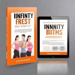 Create an ebook cover that says 'Infinity Fitness, Gym and Diet' along with the note 'A comprehensive guide to diet and training for beginners and intermediate levels'