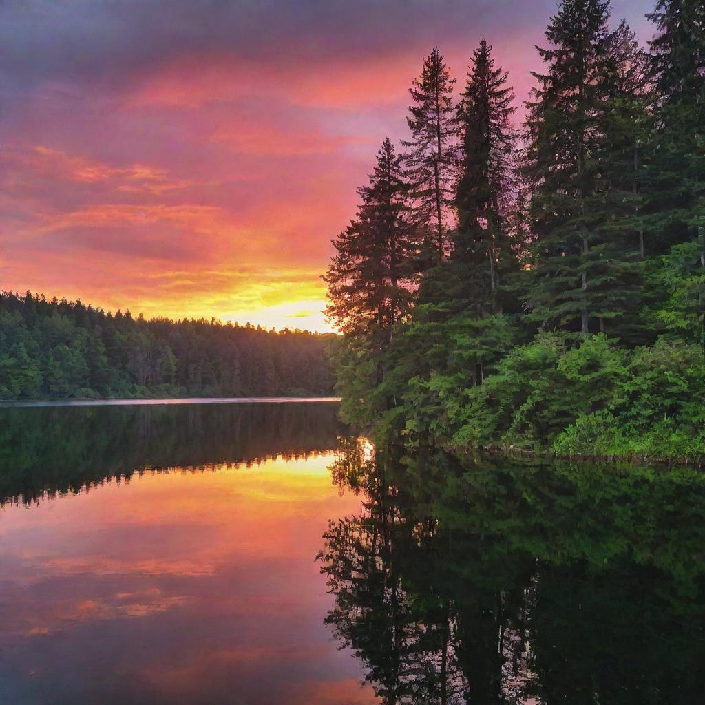 A vibrant sunset over a picturesque lake surrounded by tall, lush trees.