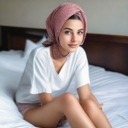 A beautiful girl lying on a bed with a pleasant face, soft legs, and above average bust, wearing a headscarf