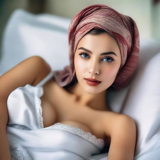 A beautiful girl lying on a bed with a pleasant face, soft legs, and above average bust, wearing a headscarf