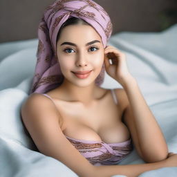 A beautiful girl lying on a bed with a pleasant face, soft legs, and above average bust, wearing a headscarf