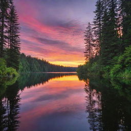 A vibrant sunset over a picturesque lake surrounded by tall, lush trees.