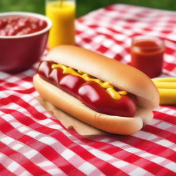 A detailed and vibrant image of a delicious hotdog with mustard, ketchup, and relish in a fresh bun