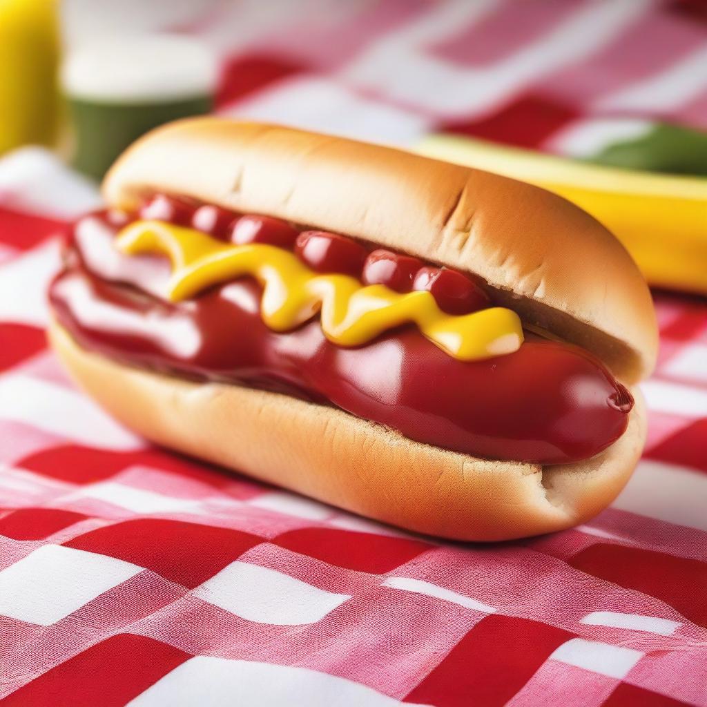 A detailed and vibrant image of a delicious hotdog with mustard, ketchup, and relish in a fresh bun