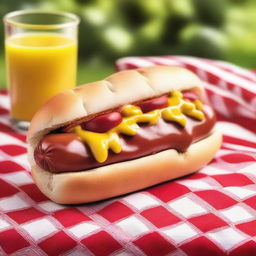 A detailed and vibrant image of a delicious hotdog with mustard, ketchup, and relish in a fresh bun