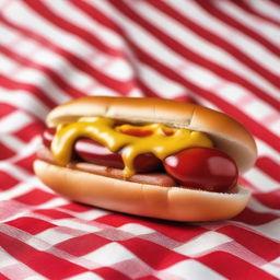 A detailed and vibrant image of a delicious hotdog with mustard, ketchup, and relish in a fresh bun