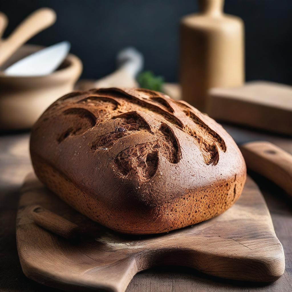 A detailed and vibrant image of a freshly baked loaf of rye bread, sliced to show its dense, dark interior