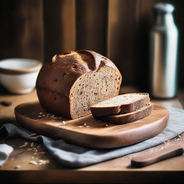 A detailed and vibrant image of a freshly baked loaf of rye bread, sliced to show its dense, dark interior