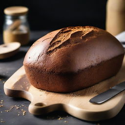 A detailed and vibrant image of a freshly baked loaf of rye bread, sliced to show its dense, dark interior